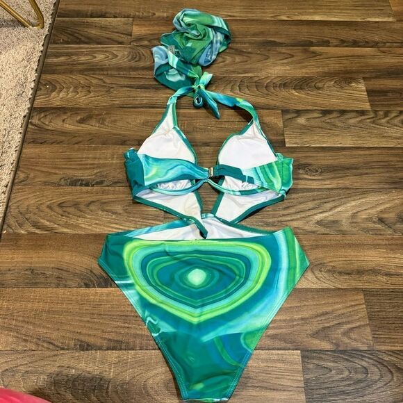 Green Swirl One Piece Swimsuit - Picture 3 of 4